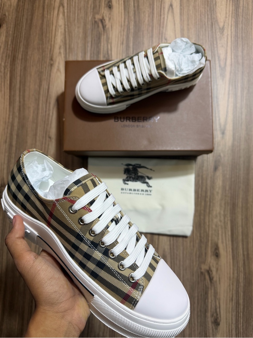 Burberry Beige/Tan Check Low-Top Sneakers with White Trim